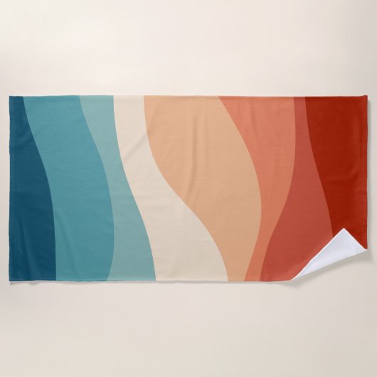 レトロカラフルスタイル波の装飾 ビーチタオル (正面)