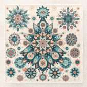 レトロカラフルスノーフレーク冬パターン ガラスコースター (正面)