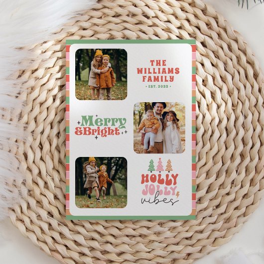 レトロカラフルタイポグラフィシックファミリークリスマス シーズンカード