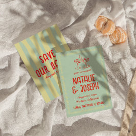 レトロカラフルハンドドローパステルファンキーおもしろい結婚ズ セーブザデート