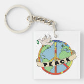 レトロカラフルハンドドロー世界平和と鳩 キーホルダー (正面)