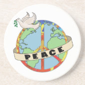 レトロカラフルハンドドロー世界平和と鳩 コースター (正面)