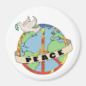 レトロカラフルハンドドロー世界平和と鳩 マグネット (正面)