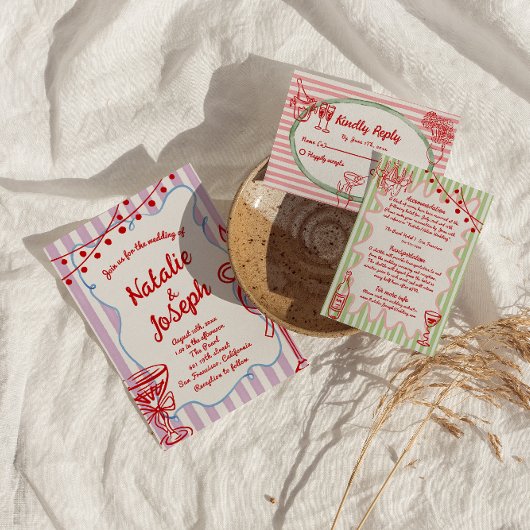 レトロカラフルハンドドロー書ド予測できなドの結婚値 招待状