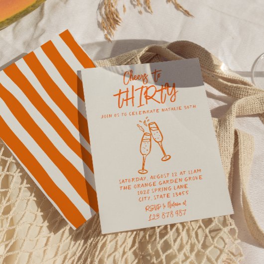 レトロカラフルハンドドロー30お洒落誕生日 招待状