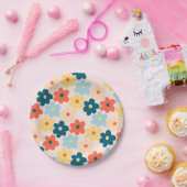 レトロカラフルヒッピー花柄 ペーパープレート (パーティー)