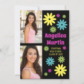 レトロカラフルヒッピー花2写真卒業 招待状 (正面)