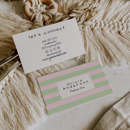 レトロカラフルピンクグリーンストライプおもしろいパステルボホ 名刺