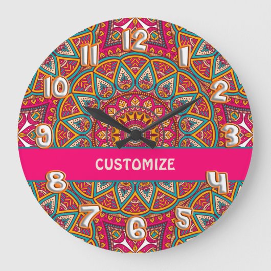 レトロカラフルピンクマンデラ70年代ボホ ラージ壁時計 (正面)
