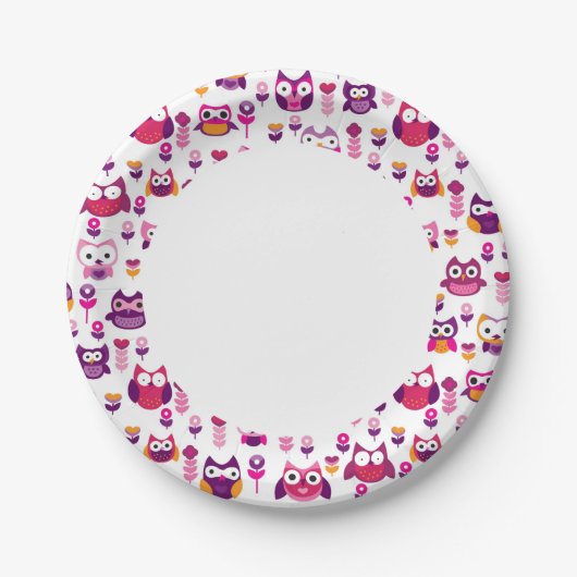 レトロカラフルフクロウバードパターン ペーパープレート (正面)