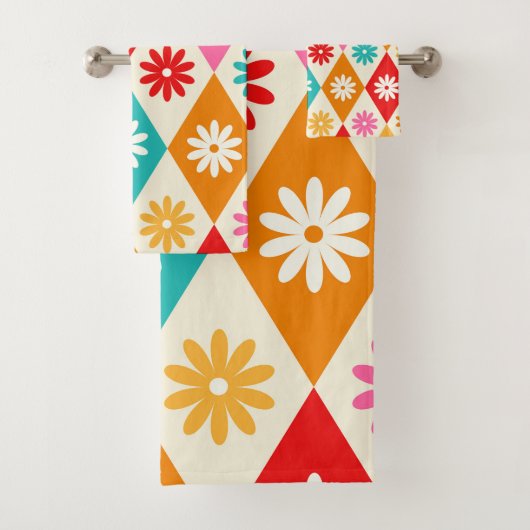 レトロカラフルフラワーズオンハーレクインダイヤモンド バスタオルセット (インサイチュ)