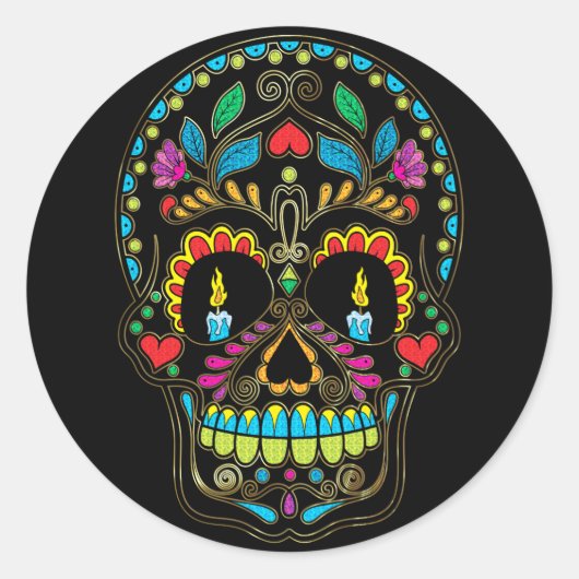 レトロカラフルフラワーズシュガースカル ラウンドシール (正面)