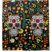 レトロカラフルフラワーズ&フローラシュガースカル シャワーカーテン (正面)