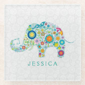 レトロカラフルフローラエレファントイラストレーション ガラスコースター (正面)