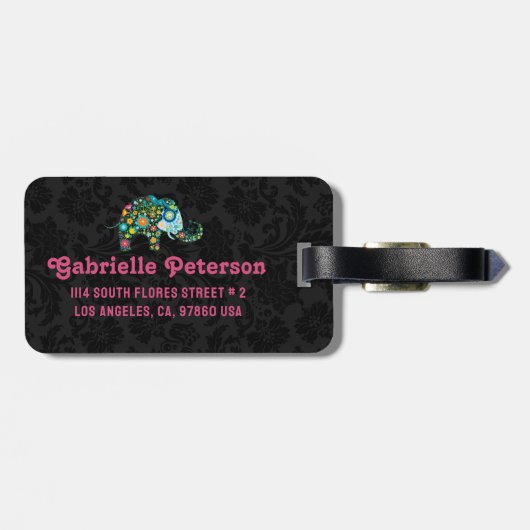 レトロカラフルフローラエレファントブラックダマスク ラゲッジタグ (裏面横)
