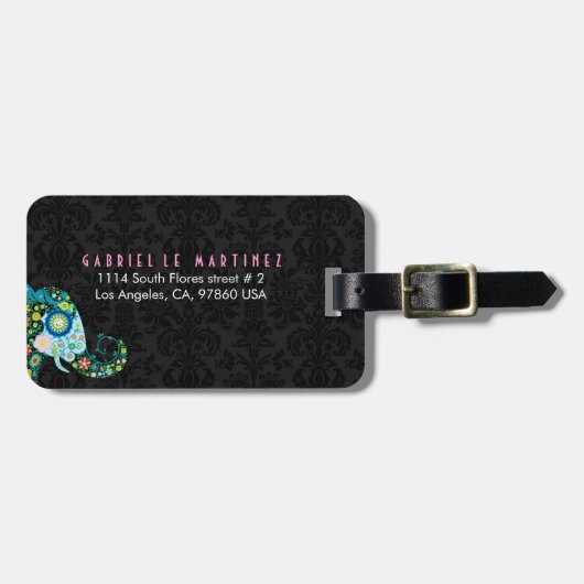 レトロカラフルフローラエレファントブラックダマスク ラゲッジタグ (正面横)