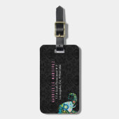 レトロカラフルフローラエレファントブラックダマスク ラゲッジタグ (正面縦)