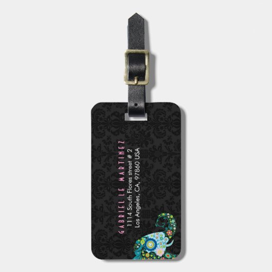 レトロカラフルフローラエレファントブラックダマスク ラゲッジタグ (正面縦)