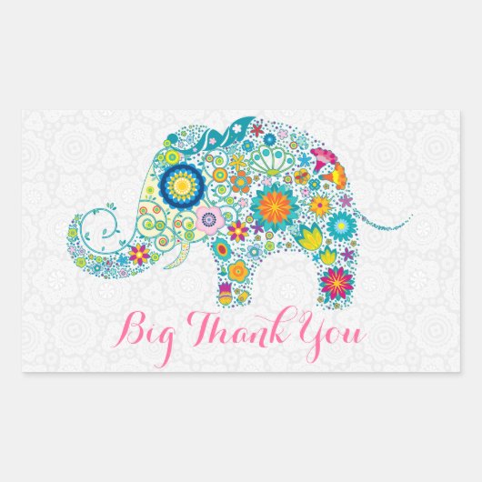 レトロカラフルフローラエレファント2 & Black Damask 長方形シール (正面)