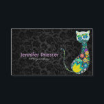 レトロカラフルフローラキャットブラックダマスク 名刺<br><div class="desc">黒いカラフルヴィンテージフローラの上に国猫の形をしたレトロな花。完全にカスタマイズ可能な名刺テンプレート</div>