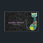 レトロカラフルフローラキャットブラックダマスク 名刺<br><div class="desc">黒いカラフルヴィンテージフローラの上に国猫の形をしたレトロな花。完全にカスタマイズ可能な名刺テンプレート</div>