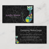 レトロカラフルフローラキャットブラックダマスク 名刺 (正面/裏面)