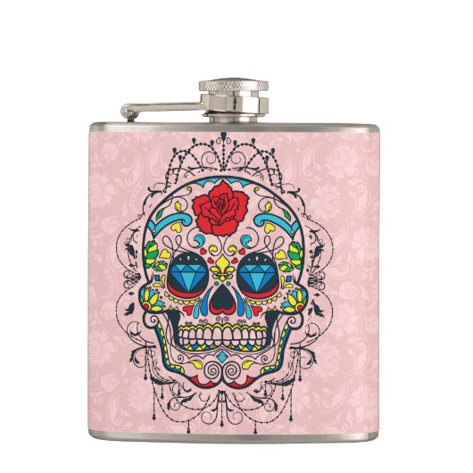 レトロカラフルフローラシュガースカルレッドローズ2d フラスク (正面)