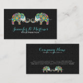 レトロカラフルフローラゾウ&ブラックダマスク 名刺 (正面/裏面)