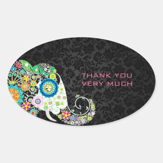 レトロカラフルフローラゾウ&ブラックダマスク 楕円形シール (正面)