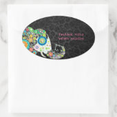 レトロカラフルフローラゾウ&ブラックダマスク 楕円形シール (バッグ)