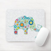 レトロカラフルフローラゾウ&ホワイトダマスク マウスパッド (マウス)