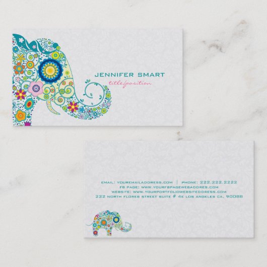 レトロカラフルフローラゾウ&ホワイトダマスク 名刺 (正面/裏面)