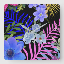 レトロカラフルフローラファーンボタニカルリーフ スクエア壁時計