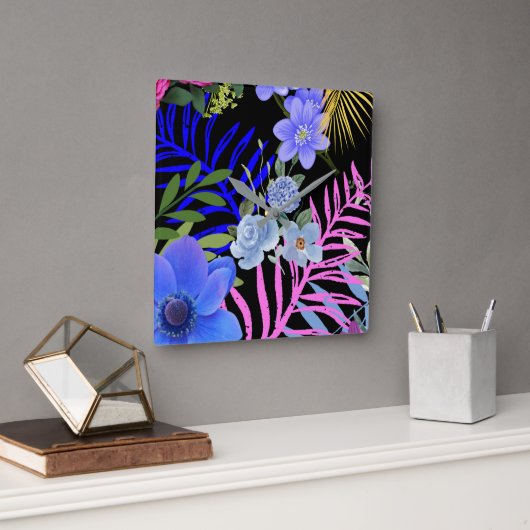 レトロカラフルフローラファーンボタニカルリーフ スクエア壁時計 (オフィス)