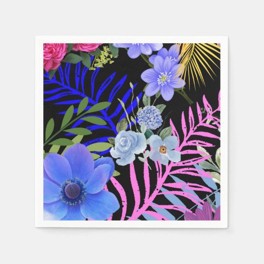 レトロカラフルフローラファーンボタニカルリーフ スタンダードカクテルナプキン (正面)