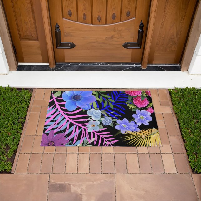 レトロカラフルフローラファーンボンタニカルリーフ ドアマット (室外)