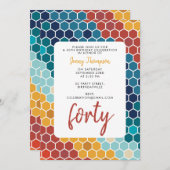 レトロカラフルフローラモザイク六角誕生日 招待状 (正面/裏面)