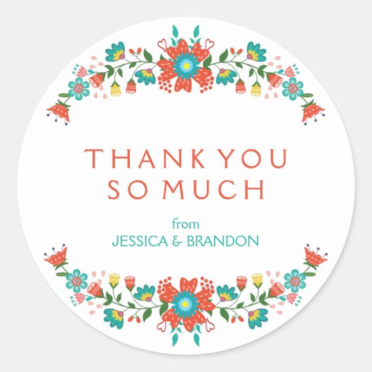 レトロカラフルフローラリースありがとうステッカー ラウンドシール (正面)