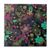 レトロカラフルフローラルパターン – 金ゴールドアクセント タイル (正面)