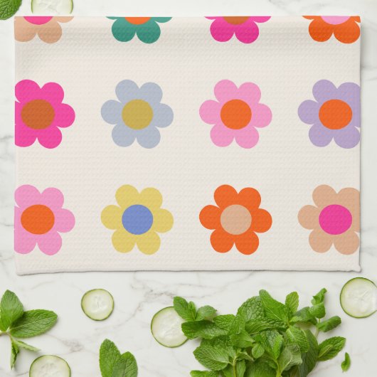 レトロカラフルフローラ名門私立校風の抽象芸術花 キッチンタオル (折り畳み)