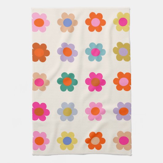 レトロカラフルフローラ名門私立校風の抽象芸術花 キッチンタオル (縦)