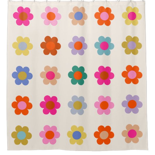 レトロカラフルフローラ名門私立校風の抽象芸術花 シャワーカーテン (正面)