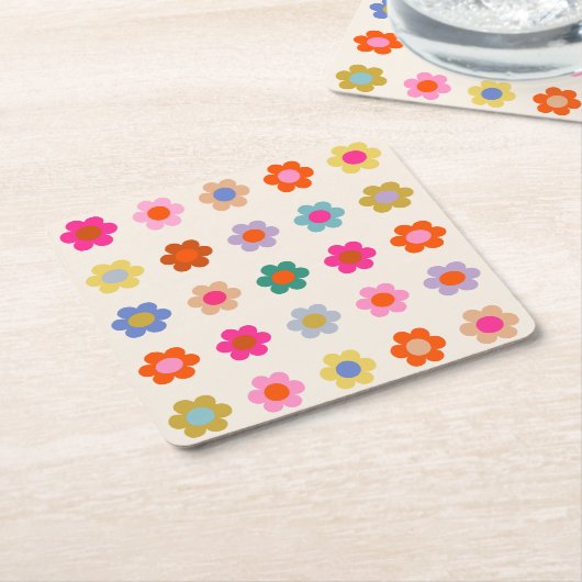 レトロカラフルフローラ名門私立校風の抽象芸術花 スクエアペーパーコースター (アングル)
