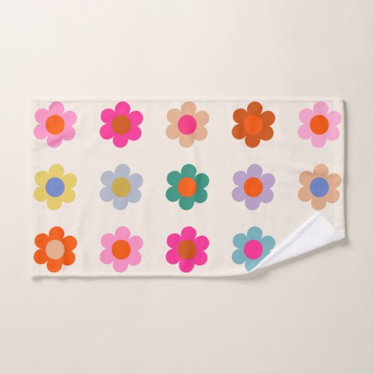 レトロカラフルフローラ名門私立校風の抽象芸術花 バスタオルセット (ハンドタオル)