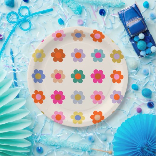 レトロカラフルフローラ名門私立校風の抽象芸術花 ペーパープレート (パーティー)