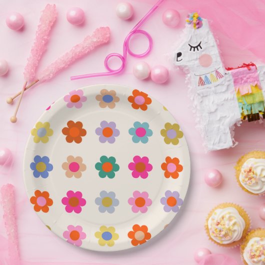 レトロカラフルフローラ名門私立校風の抽象芸術花 ペーパープレート (パーティー)