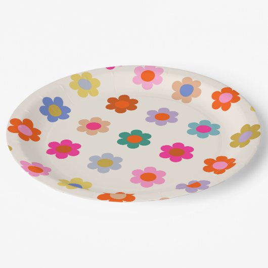 レトロカラフルフローラ名門私立校風の抽象芸術花 ペーパープレート (アングル)