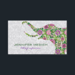 レトロカラフルフローラ象 名刺<br><div class="desc">白いカラフルモノトーンのヴィンテージフローラダマスクの上に緑のピンクと紫の色調の花のレトロなフローラ象。</div>