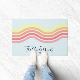 レトロカラフルブルーグルーヴィラインズビーチサンライズ ドアマット