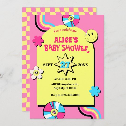 レトロカラフルポップ・アートのおもしろい赤ちゃんシャワー 招待状 (正面/裏面)